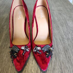 Ruby red faux crushed velvet heels